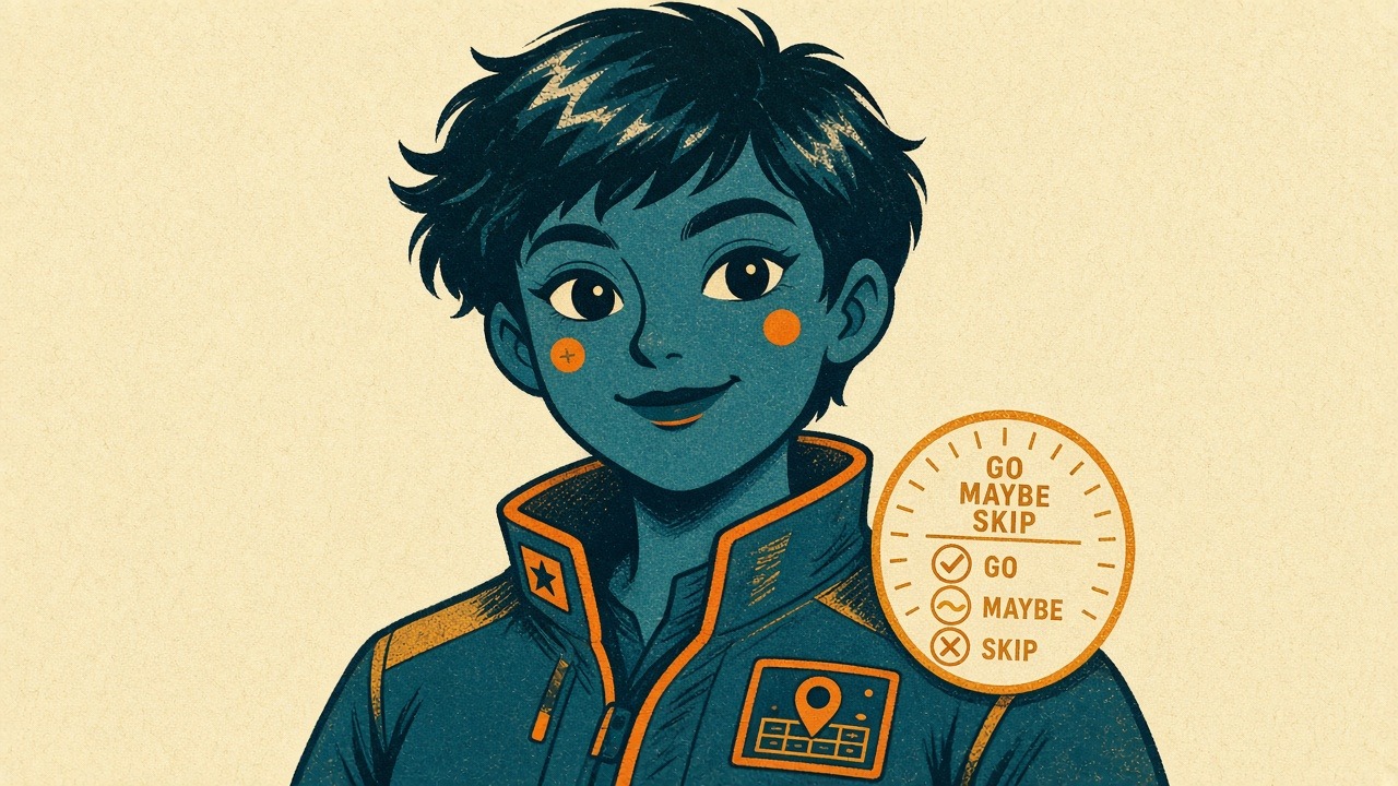 Illustrated portrait of Maria, Procurement Scout — ink and amber scout with GO/MAYBE/SKIP dial